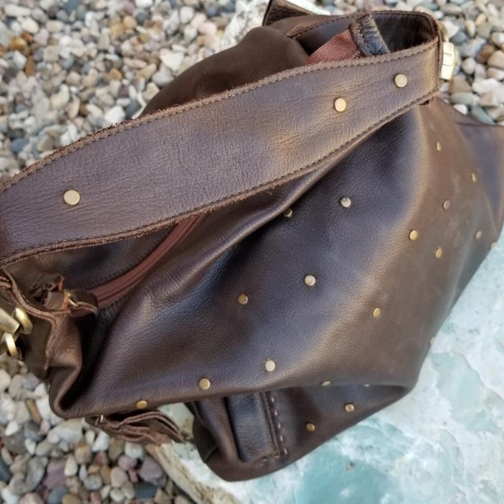 Per Se Dark brown leather bag w/ brass studs Large - Picture 11 of 13